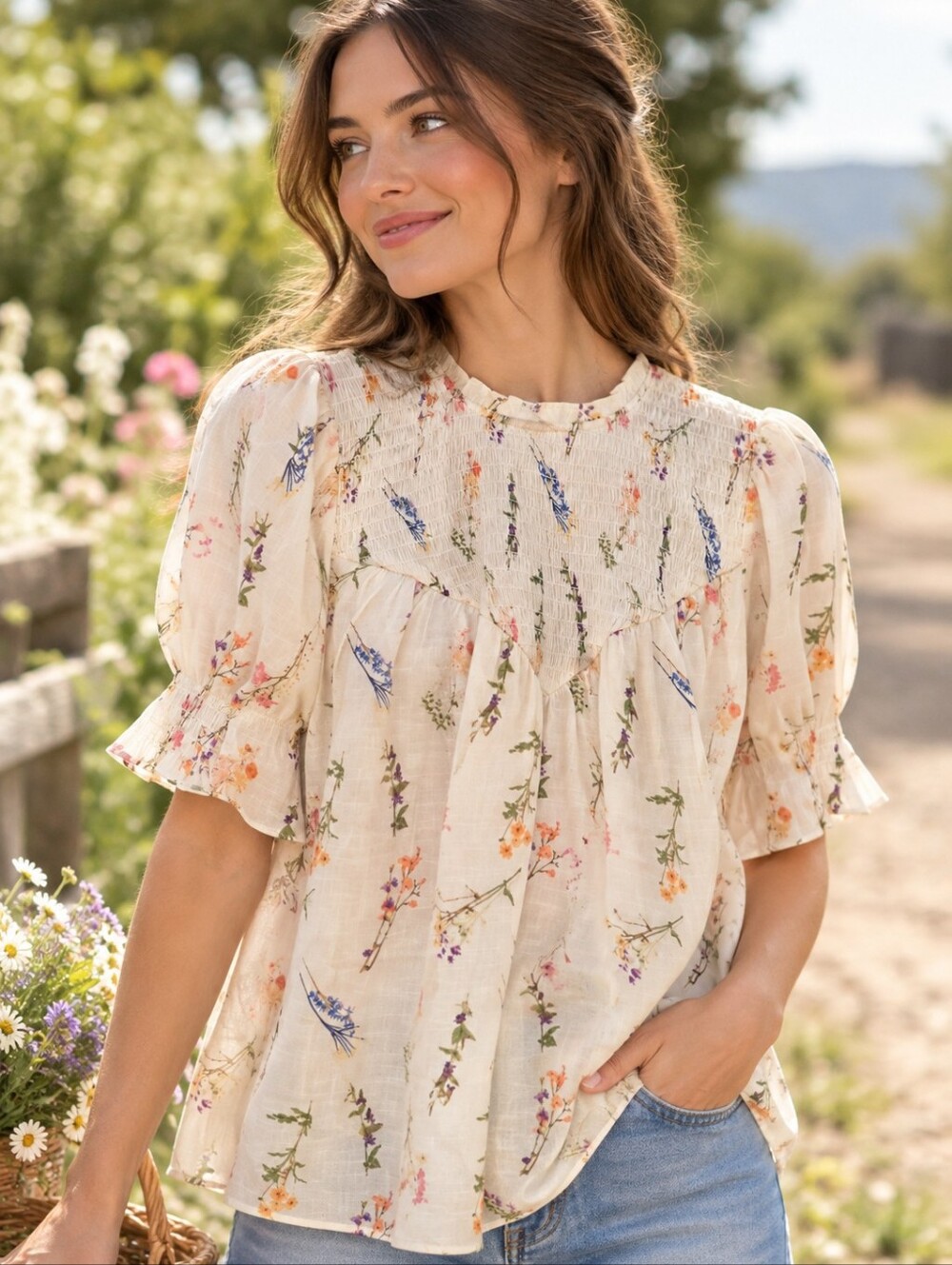 Rose + Olive Floral Smocked Blouse Large Cottagecore Boho Puff Sleeve